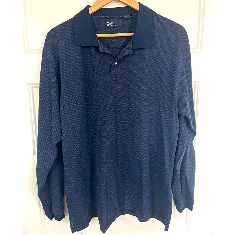 Marc Edwards Mens Size L Long Sleeve Polo Shirt Blue Diamond Micro Pattern Knit